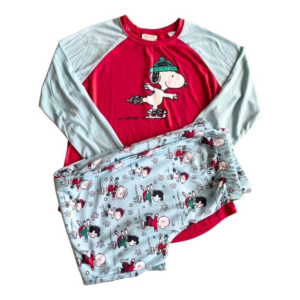 Nite Nite Munki Munki Peanuts Snoopy Christmas Pajama Set XL Holiday Skating